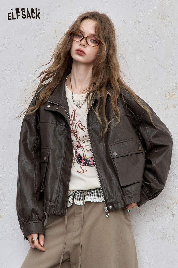 ELFSACK Leather Stand-Up Collar Solid Streetwear Short Jacket