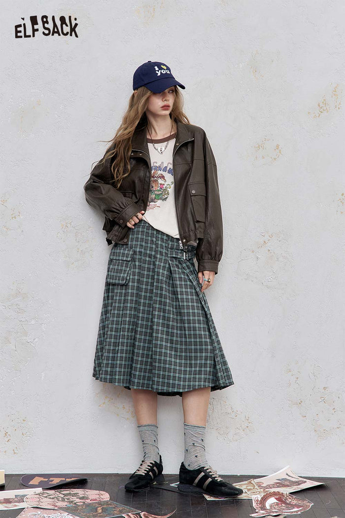 ELFSACK Leather Stand-Up Collar Solid Streetwear Short Jacket