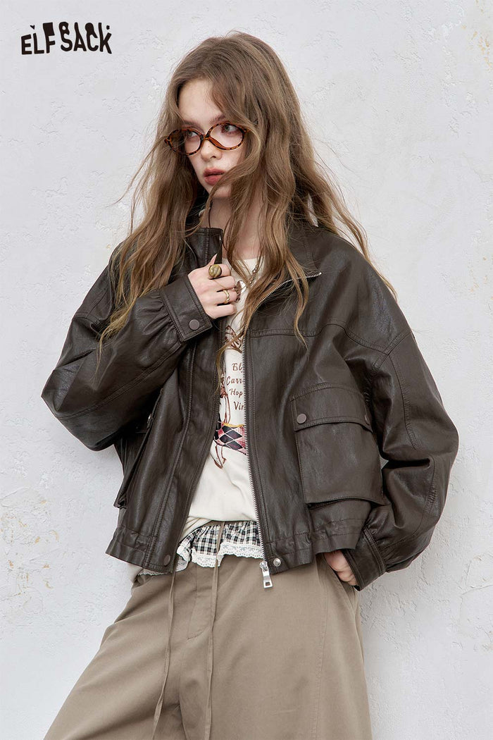 ELFSACK Leather Stand-Up Collar Solid Streetwear Short Jacket