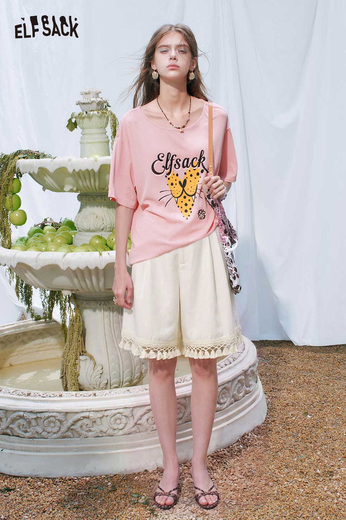 ELFSACK Leopard Heart Print Loose Tee