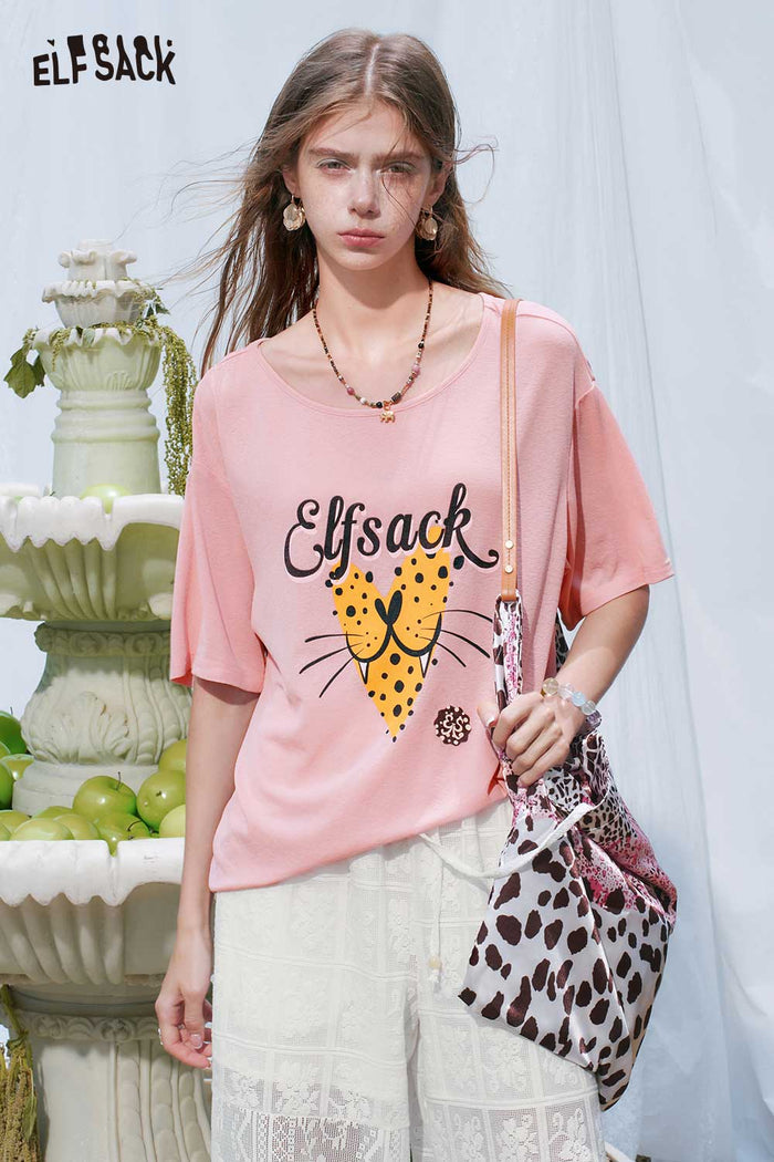 ELFSACK Leopard Heart Print Loose Tee