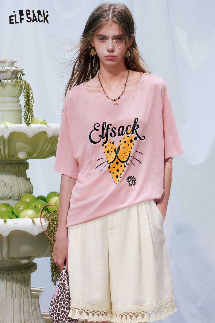 ELFSACK Leopard Heart Print Loose Tee