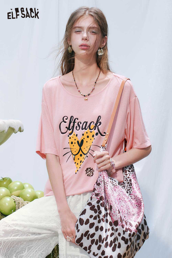 ELFSACK Leopard Heart Print Loose Tee