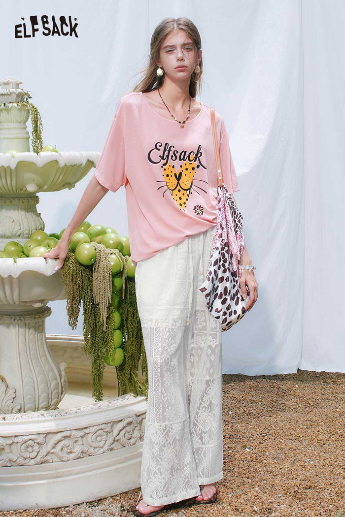 ELFSACK Leopard Heart Print Loose Tee