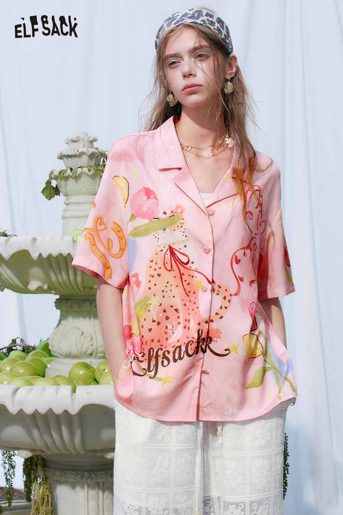 ELFSACK Leopard Tulip Print Satin Camp Collar Shirt