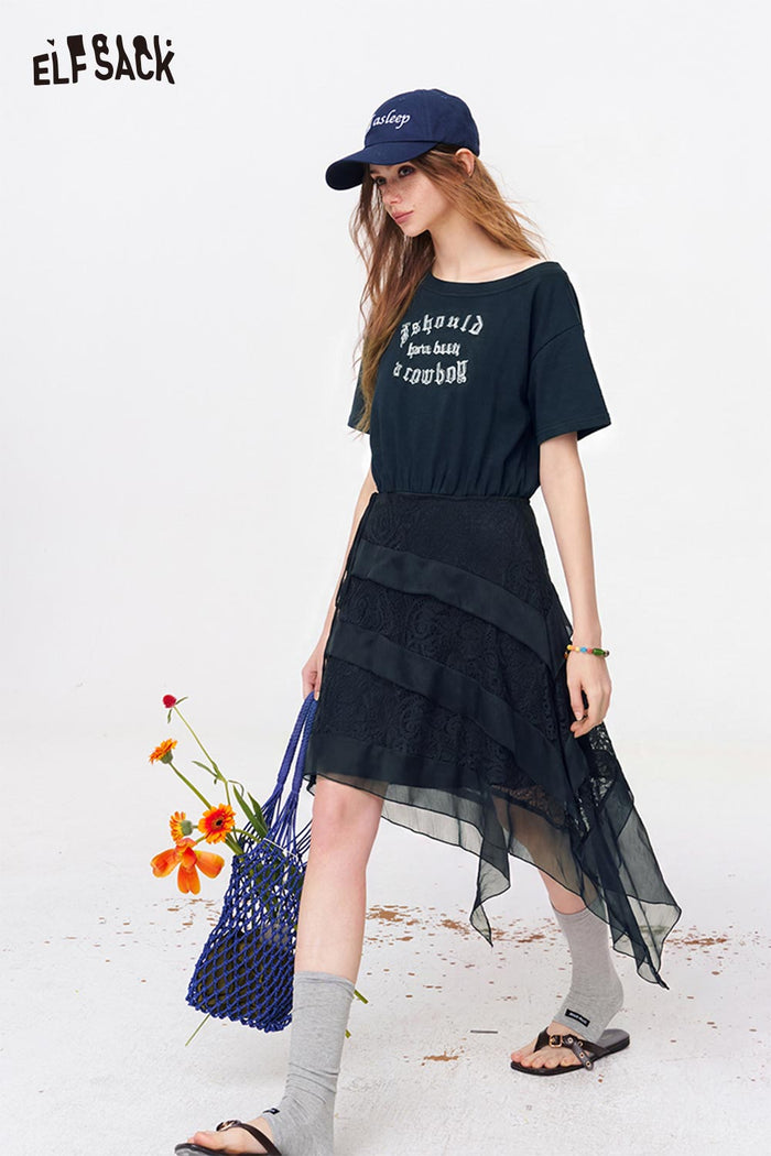 ELFSACK Letter Print Asymmetric Mesh Tiered Dress