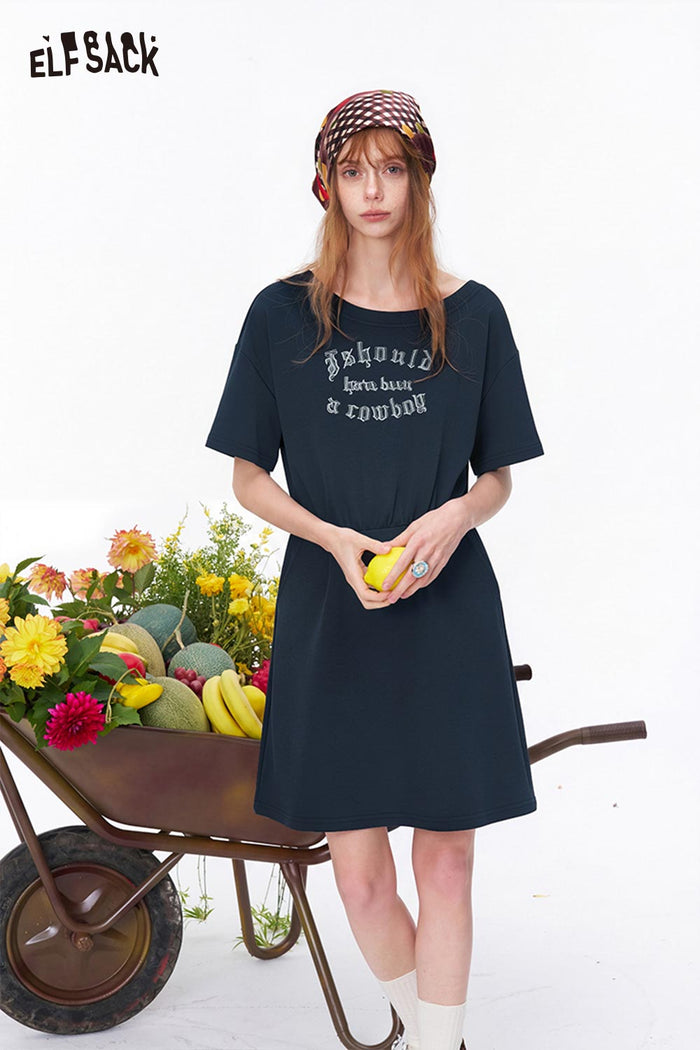 ELFSACK Letter Print Asymmetric Mesh Tiered Dress