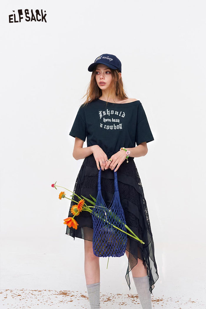 ELFSACK Letter Print Asymmetric Mesh Tiered Dress