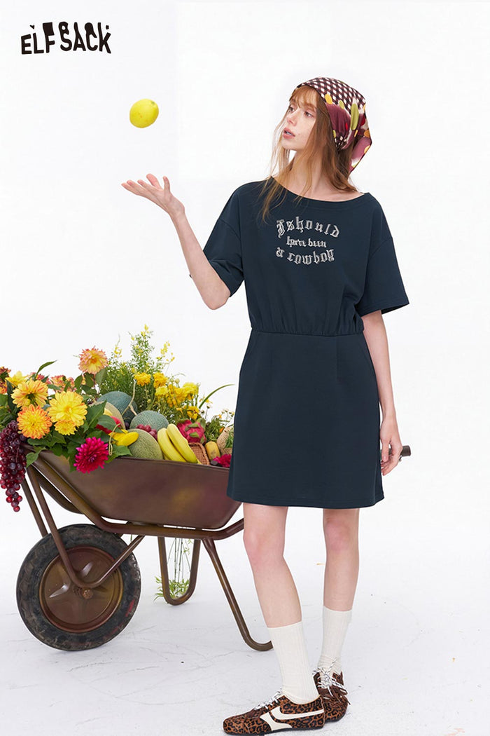 ELFSACK Letter Print Asymmetric Mesh Tiered Dress