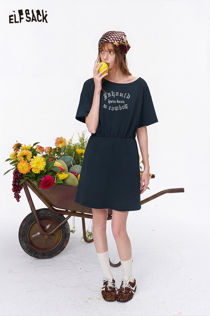 ELFSACK Letter Print Asymmetric Mesh Tiered Dress