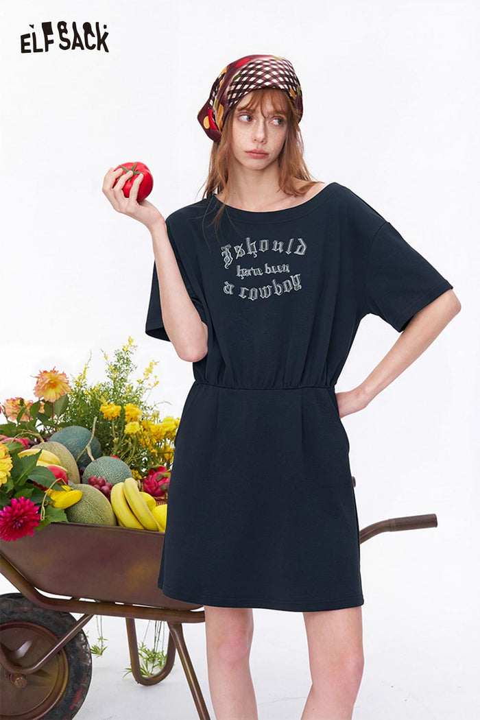 ELFSACK Letter Print Asymmetric Mesh Tiered Dress