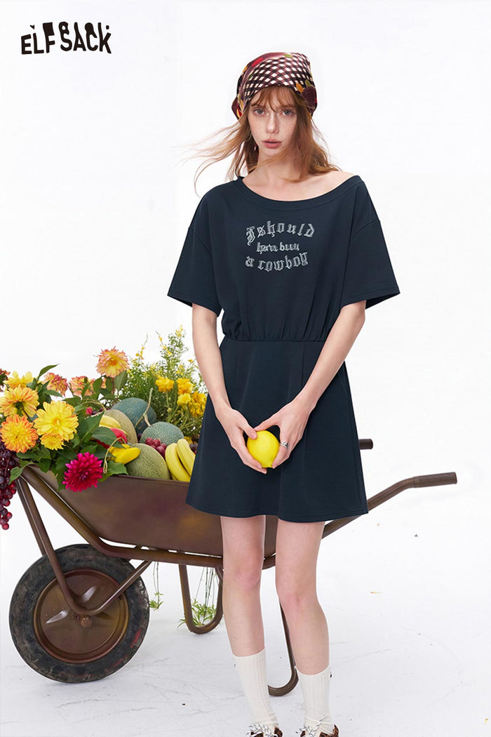 ELFSACK Letter Print Asymmetric Mesh Tiered Dress