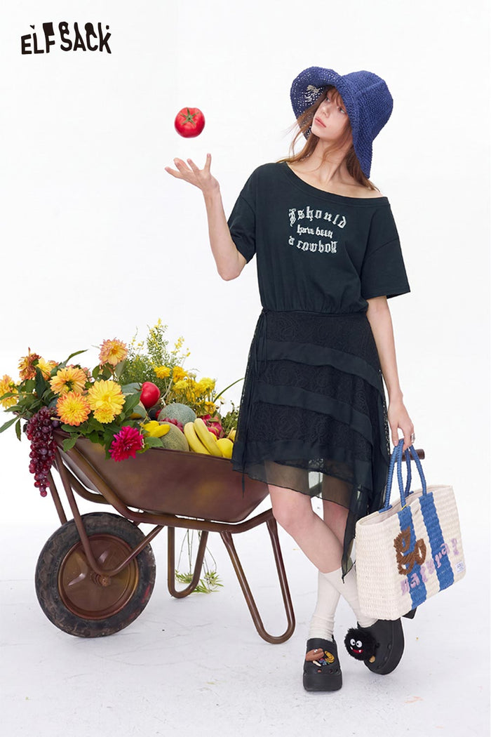ELFSACK Letter Print Asymmetric Mesh Tiered Dress