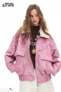 ELFSACK Light Bright Solid Ombre Effect Plush Lapel Faux Leather Jacket