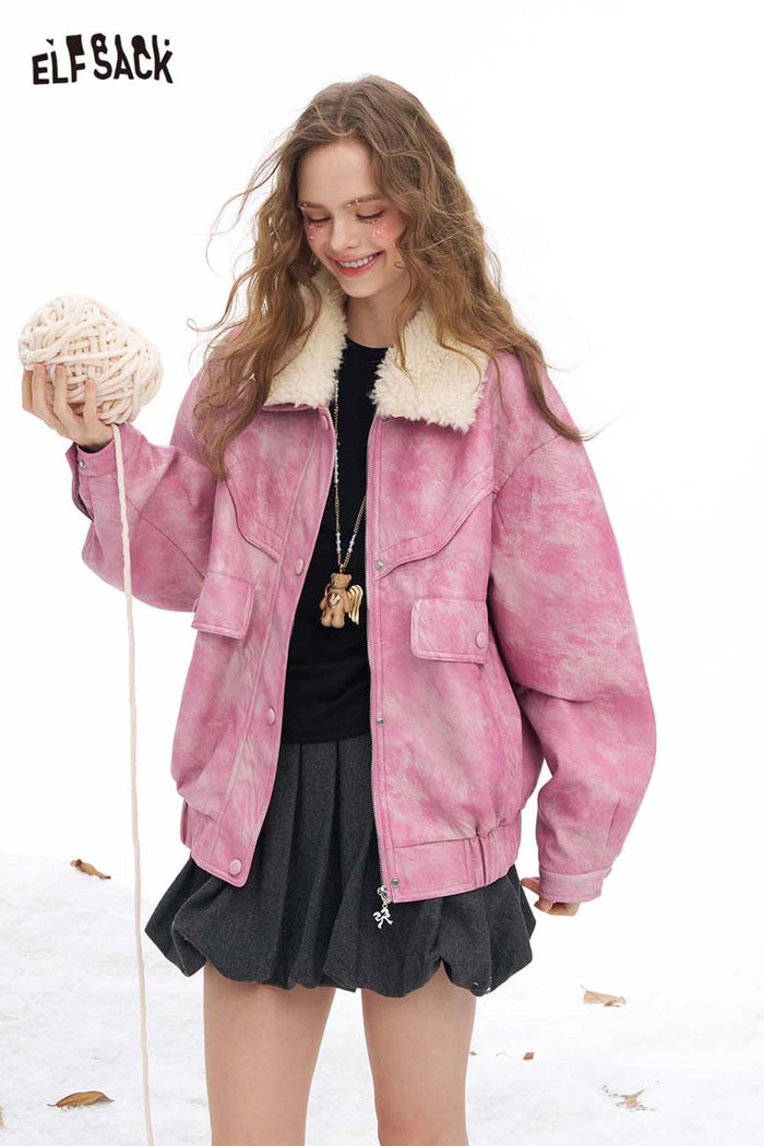 ELFSACK Light Bright Solid Ombre Effect Plush Lapel Faux Leather Jacket