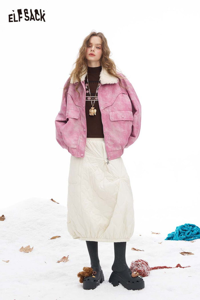 ELFSACK Light Bright Solid Ombre Effect Plush Lapel Faux Leather Jacket