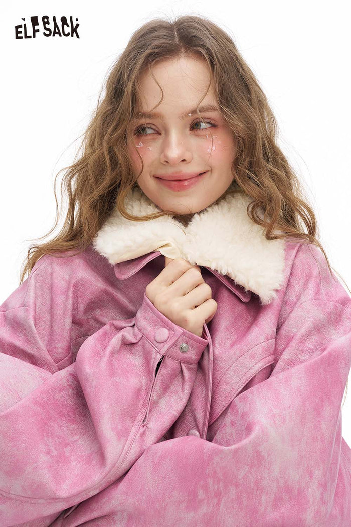 ELFSACK Light Bright Solid Ombre Effect Plush Lapel Faux Leather Jacket