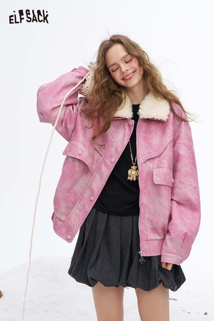 ELFSACK Light Bright Solid Ombre Effect Plush Lapel Faux Leather Jacket
