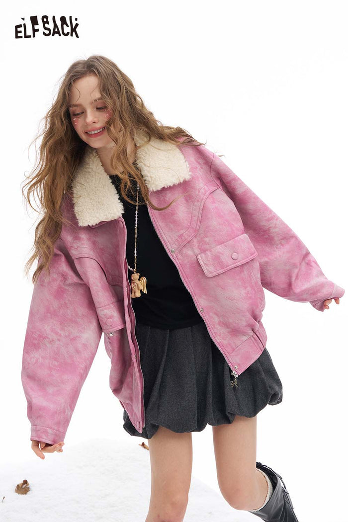 ELFSACK Light Bright Solid Ombre Effect Plush Lapel Faux Leather Jacket