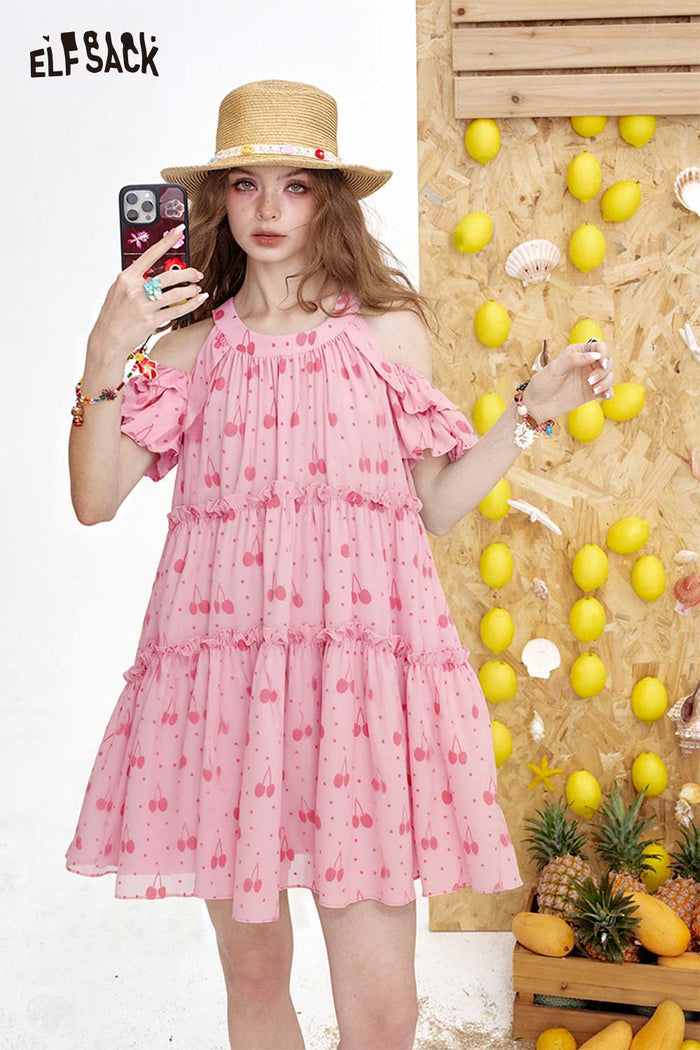 ELFSACK Light Cute Slip Dress Irregular Sleeve Cutout Cherry Graphic Dress