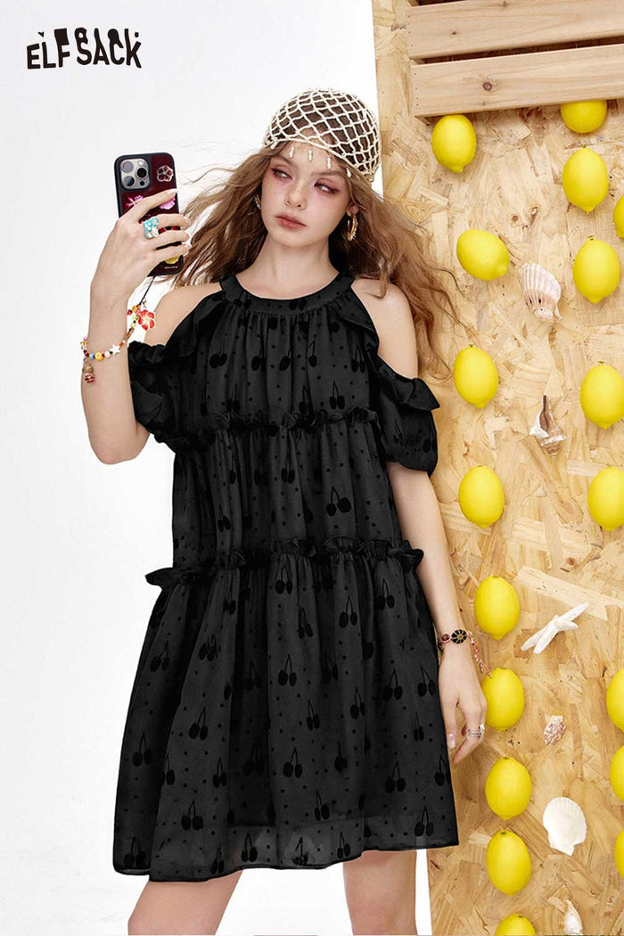 ELFSACK Light Cute Slip Dress Irregular Sleeve Cutout Cherry Graphic Dress
