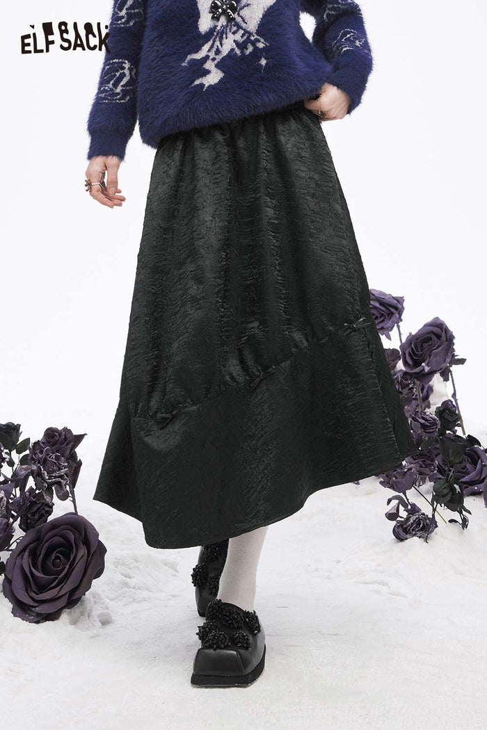ELFSACK Light Design solid Pleated A line Long Half Skirt