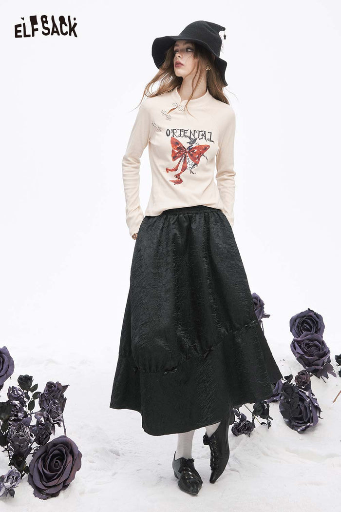ELFSACK Light Design solid Pleated A line Long Half Skirt