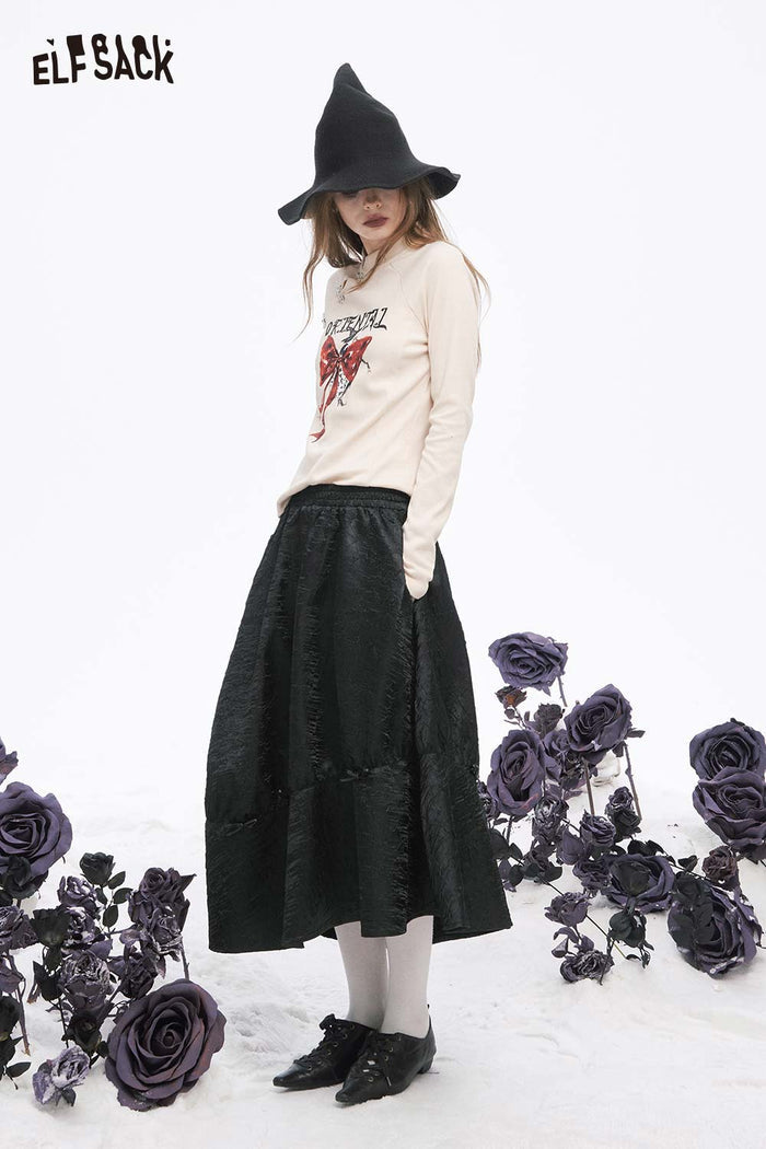 ELFSACK Light Design solid Pleated A line Long Half Skirt