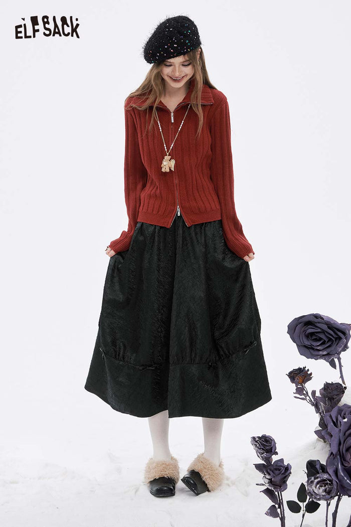 ELFSACK Light Design solid Pleated A line Long Half Skirt