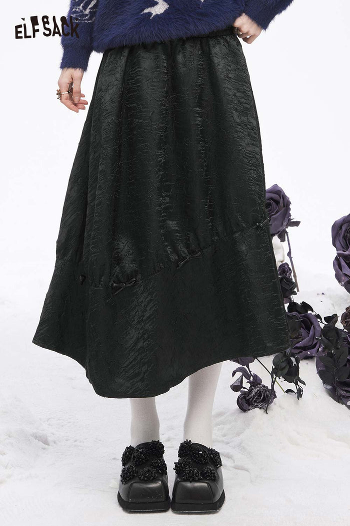 ELFSACK Light Design solid Pleated A line Long Half Skirt
