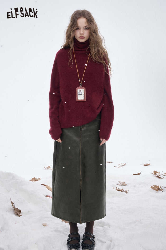 ELFSACK Light Faux Leather Front Slit A-Line Maxi Skirt