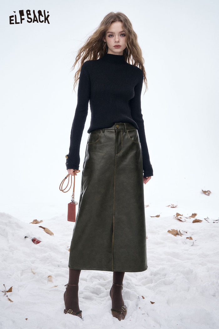 ELFSACK Light Faux Leather Front Slit A-Line Maxi Skirt