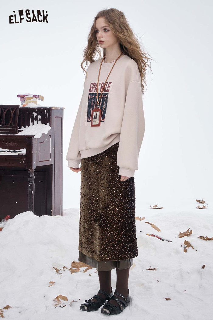ELFSACK Light Glitter Sequin Faux Leather Double Layer A-Line Long Skirt