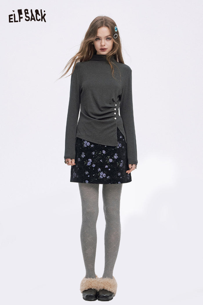 ELFSACK Light High Waist Floral Graphic A Line Short Skirt