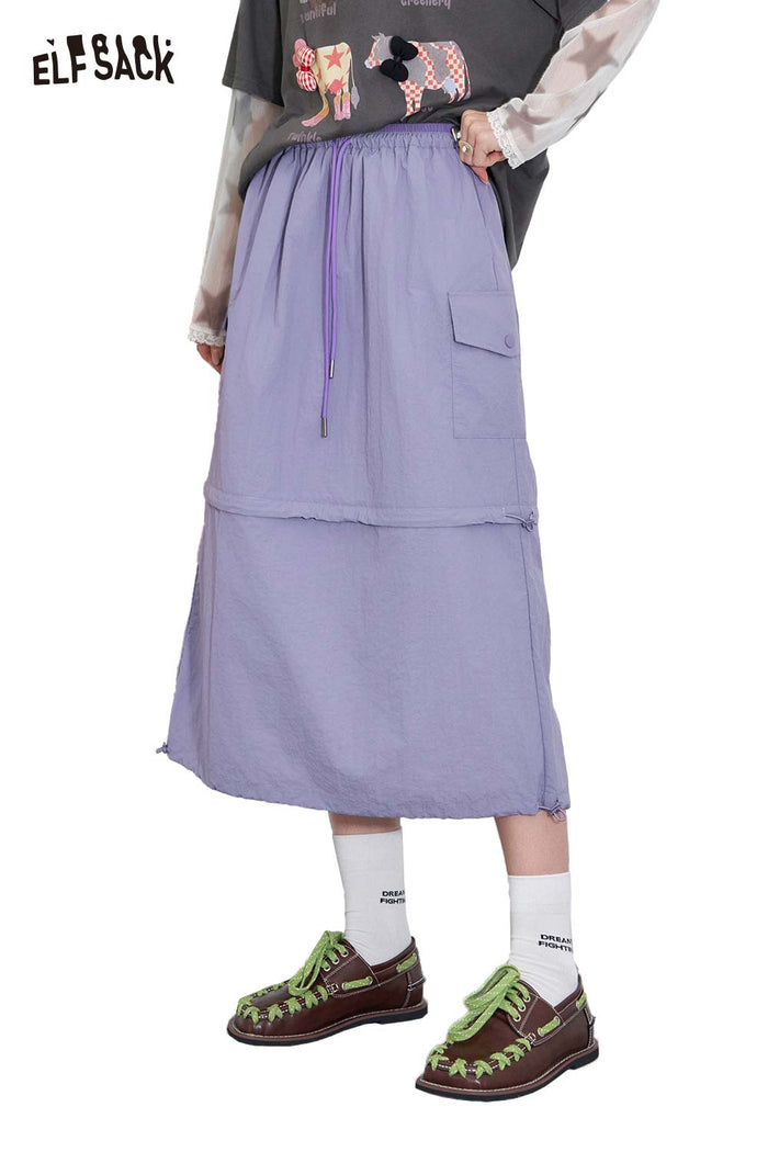 ELFSACK Light Loose Empire Drawstring Midi Skirt