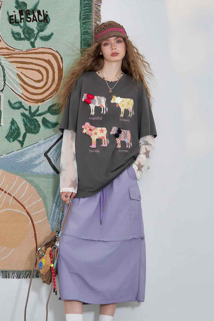 ELFSACK Light Loose Empire Drawstring Midi Skirt