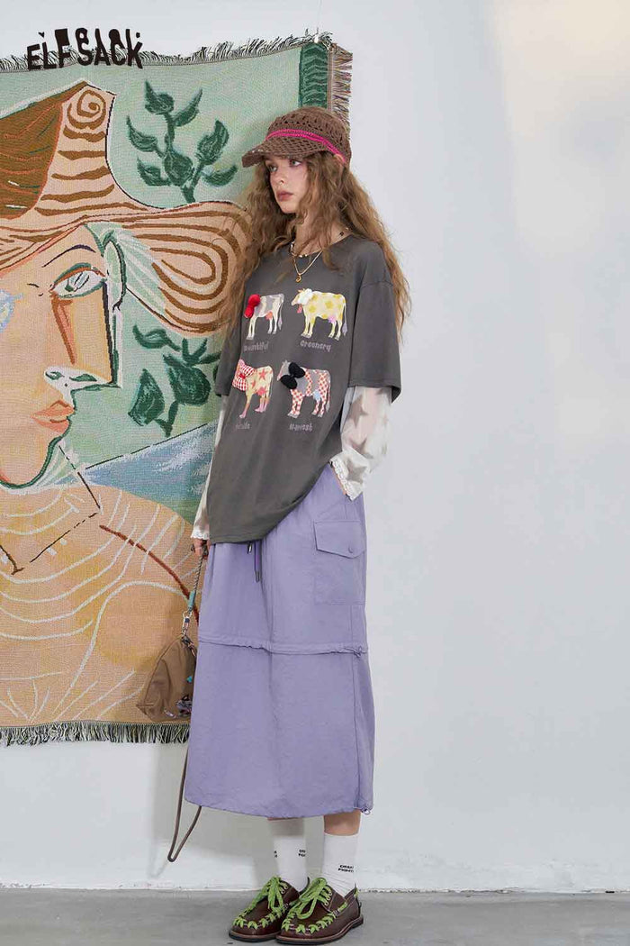 ELFSACK Light Loose Empire Drawstring Midi Skirt