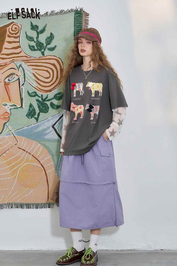 ELFSACK Light Loose Empire Drawstring Midi Skirt