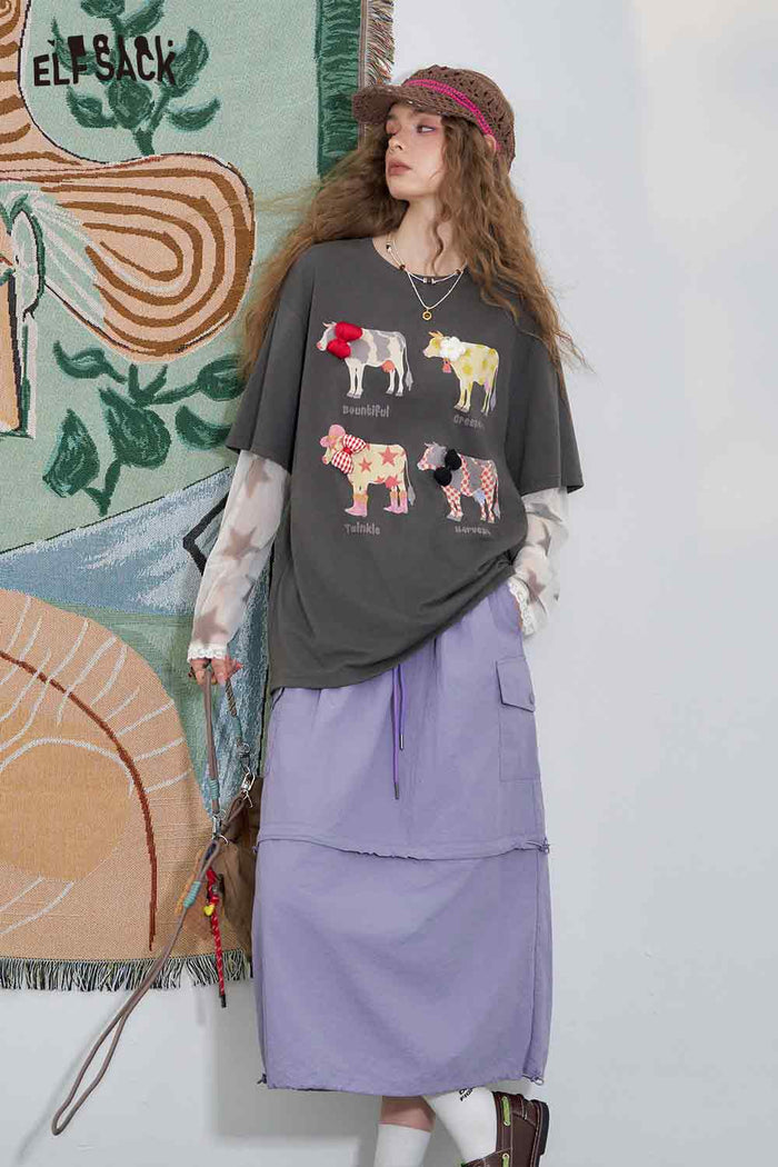 ELFSACK Light Loose Empire Drawstring Midi Skirt