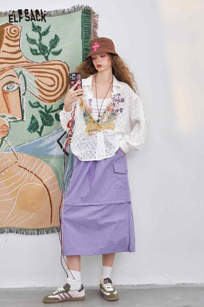 ELFSACK Light Loose Printed Openwork Long-Sleeved Shirt