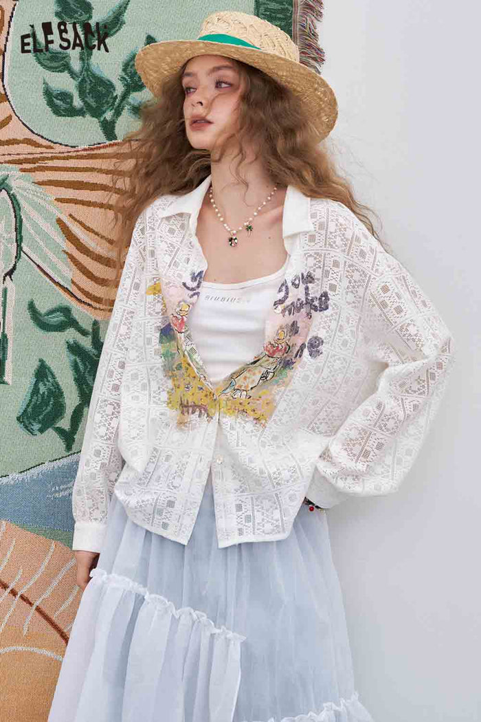 ELFSACK Light Loose Printed Openwork Long-Sleeved Shirt