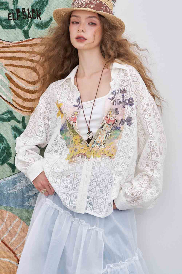 ELFSACK Light Loose Printed Openwork Long-Sleeved Shirt