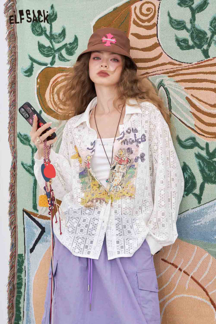 ELFSACK Light Loose Printed Openwork Long-Sleeved Shirt