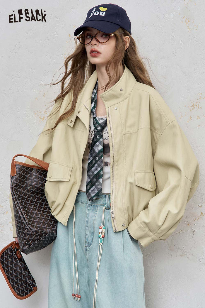 ELFSACK Light Loose Stand-Up Collar Solid Jacket