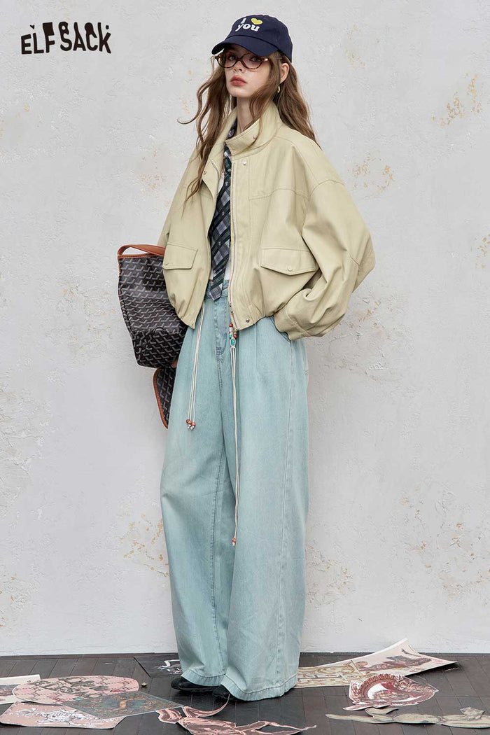 ELFSACK Light Loose Stand-Up Collar Solid Jacket