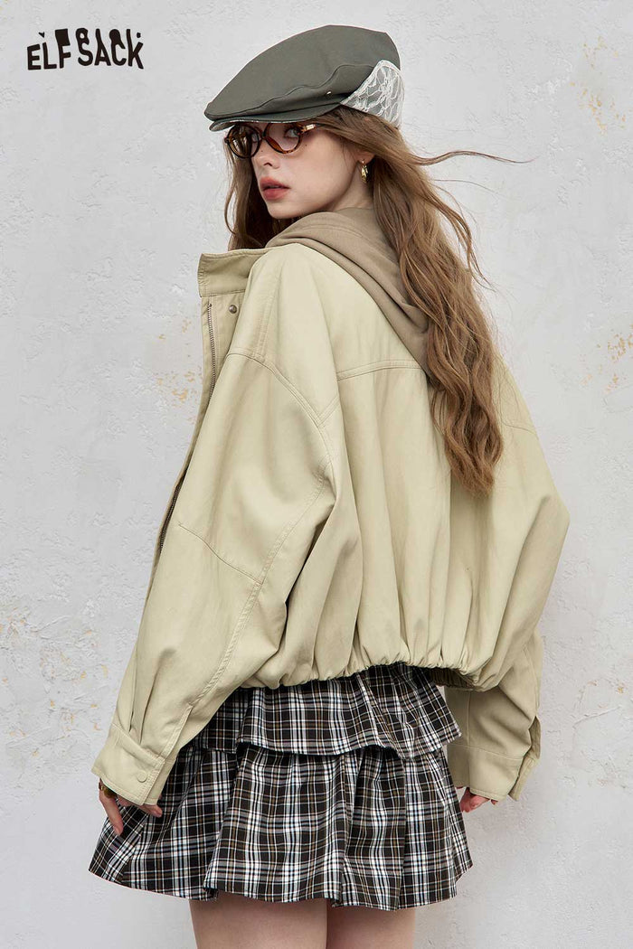 ELFSACK Light Loose Stand-Up Collar Solid Jacket