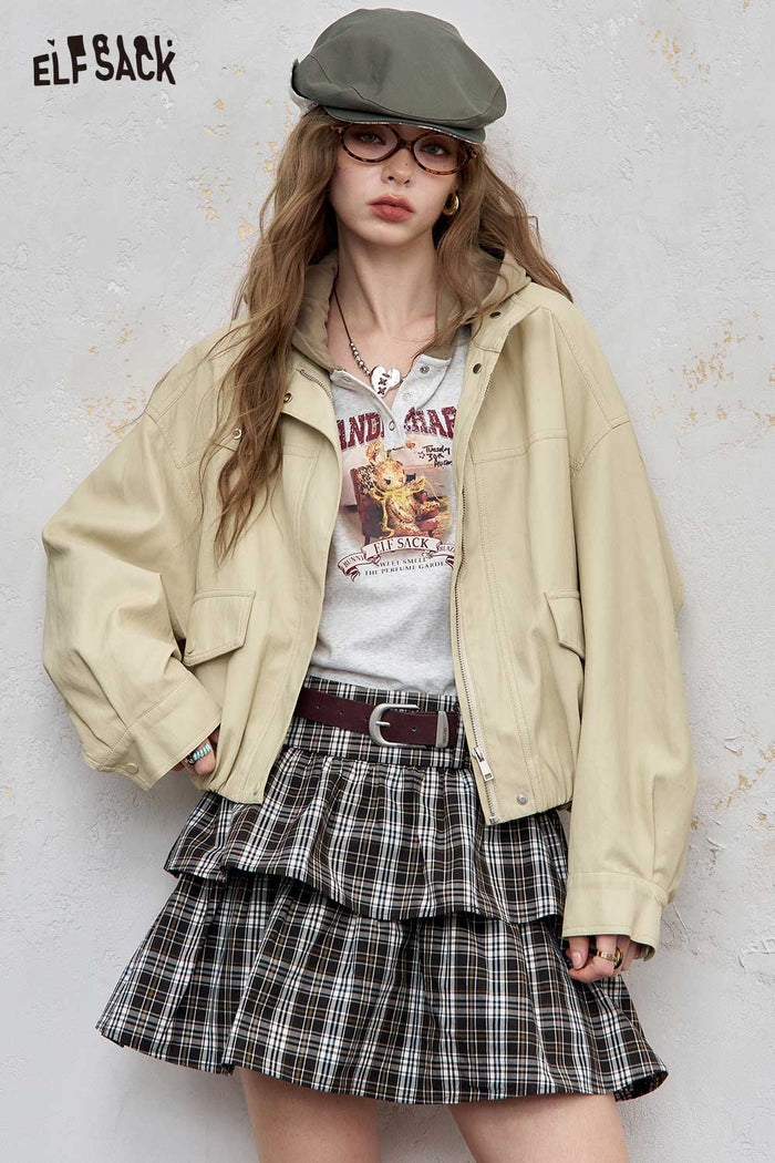 ELFSACK Light Loose Stand-Up Collar Solid Jacket