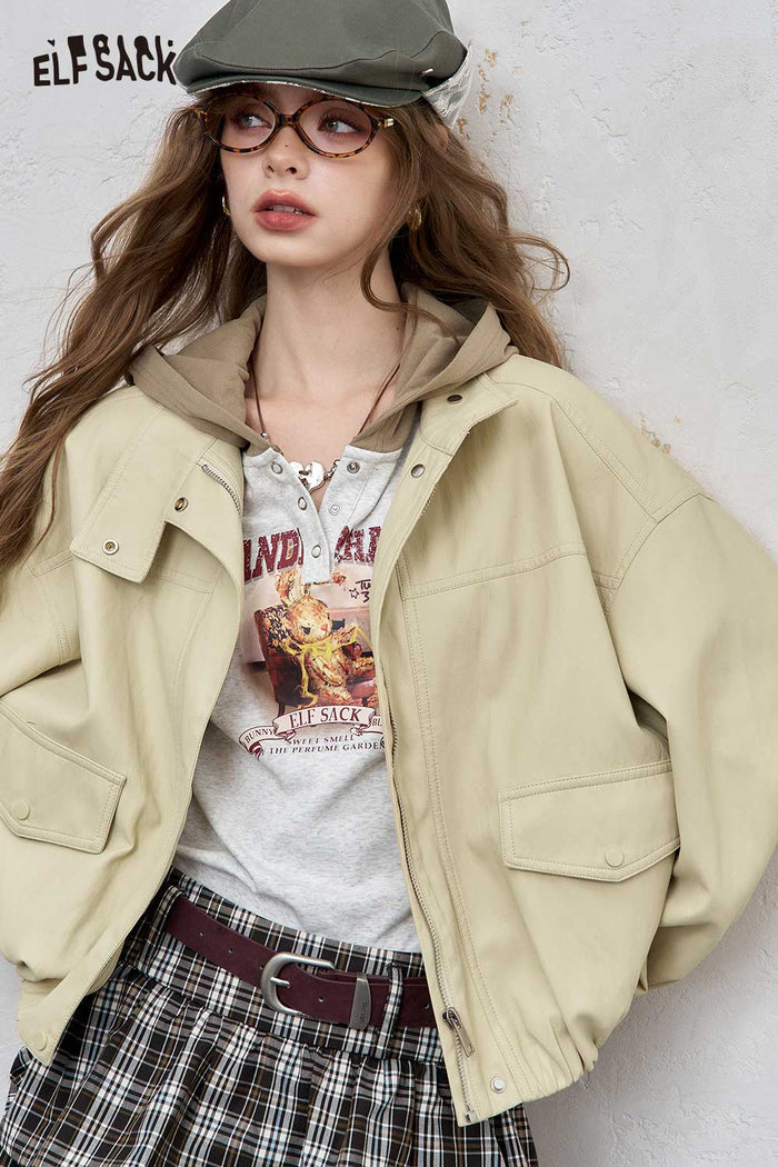 ELFSACK Light Loose Stand-Up Collar Solid Jacket