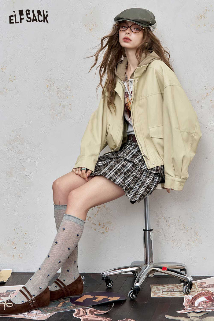 ELFSACK Light Loose Stand-Up Collar Solid Jacket