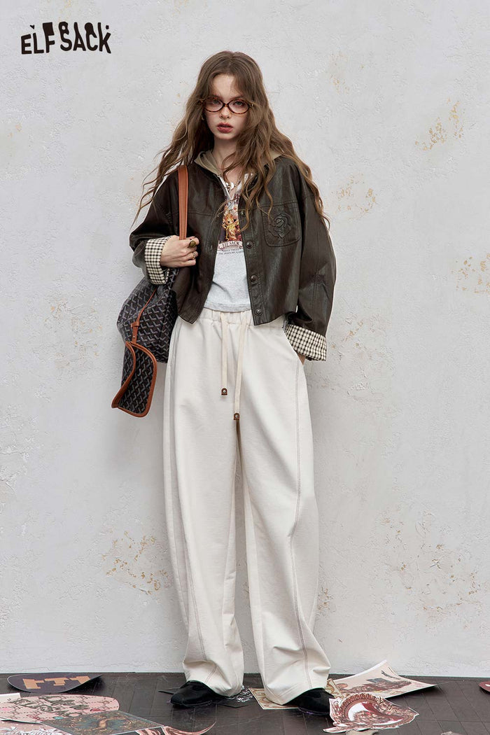 ELFSACK Light Patchwork Checkered Cuff Turn-Up Jacket